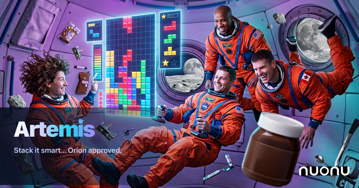 Illustration: Orion-Kapsel, Crew, grosses Blockspiel-Hologramm; generisches Haselnussglas ohne Markenlogo; Artemis, Tagline Stack it smart... Orion approved., nuonu