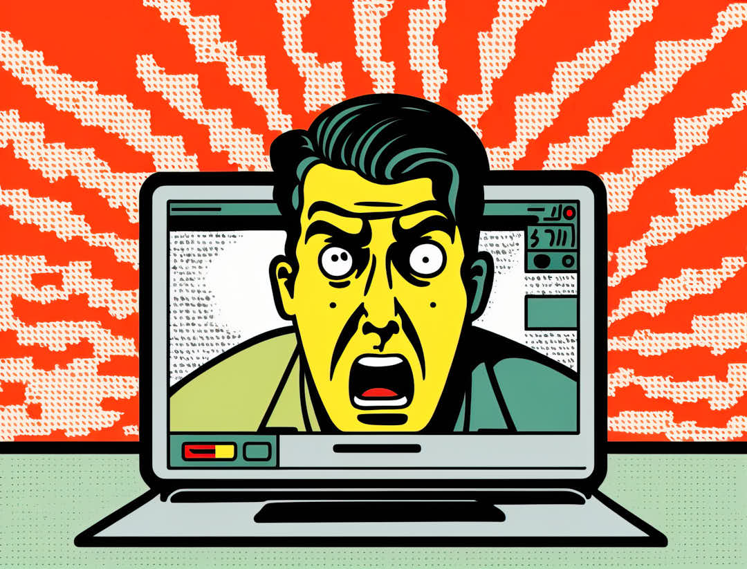 a screaming, shocked man peers out of a computer screen, illustration, Illustration, Generative AI