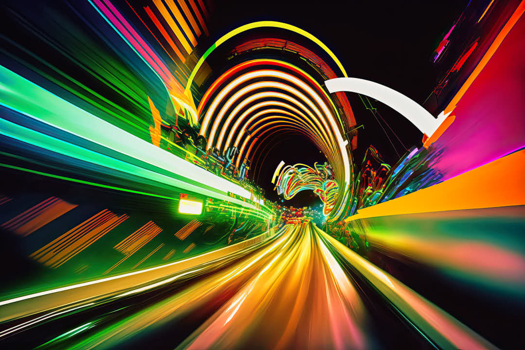 Supercharged rollercoaster speeding throug a neon tunnel, fast moovement, Generative AI