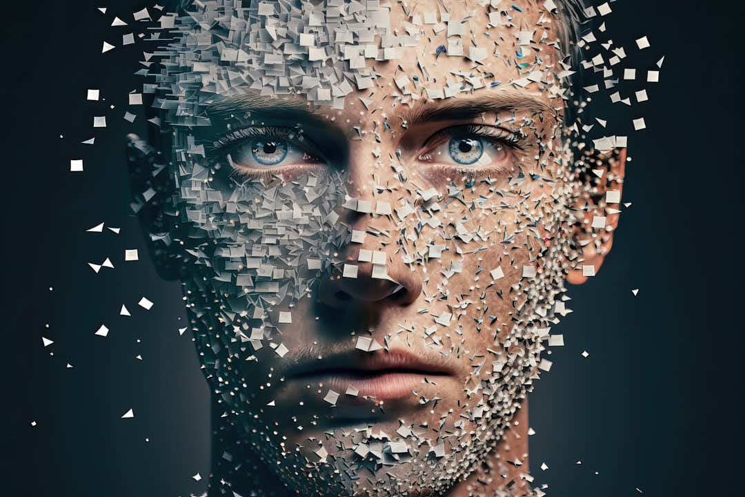 Universal image of a man disintegrating into particles, cybersecurity, privacy rights