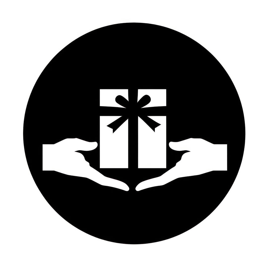 a simple gift logo in black and white vector style, Hand, hands, cross, bow, package, generative ai