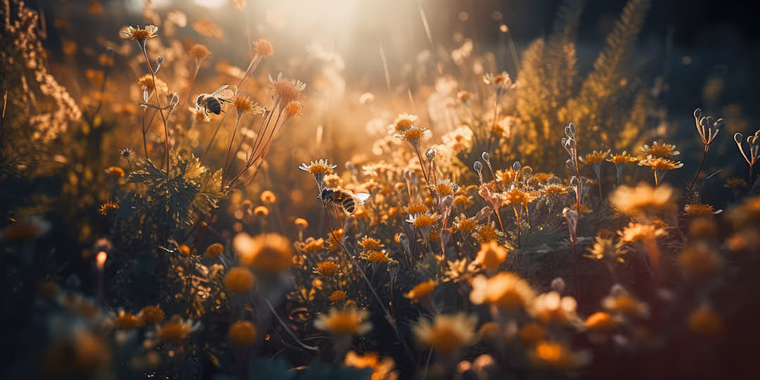Bienen fliegen auf einer Blumenwiese im Abendlicht, Kamille, Wildblumen, als Banner oder Hintergrund nutzbar, Generative AI