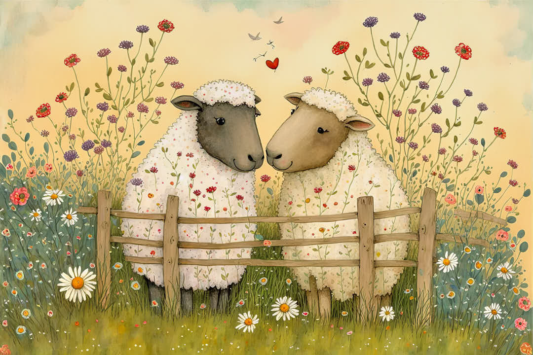 Two sheep in love, children's story, children's illustration, story, fairy tale, painting, Generative AI