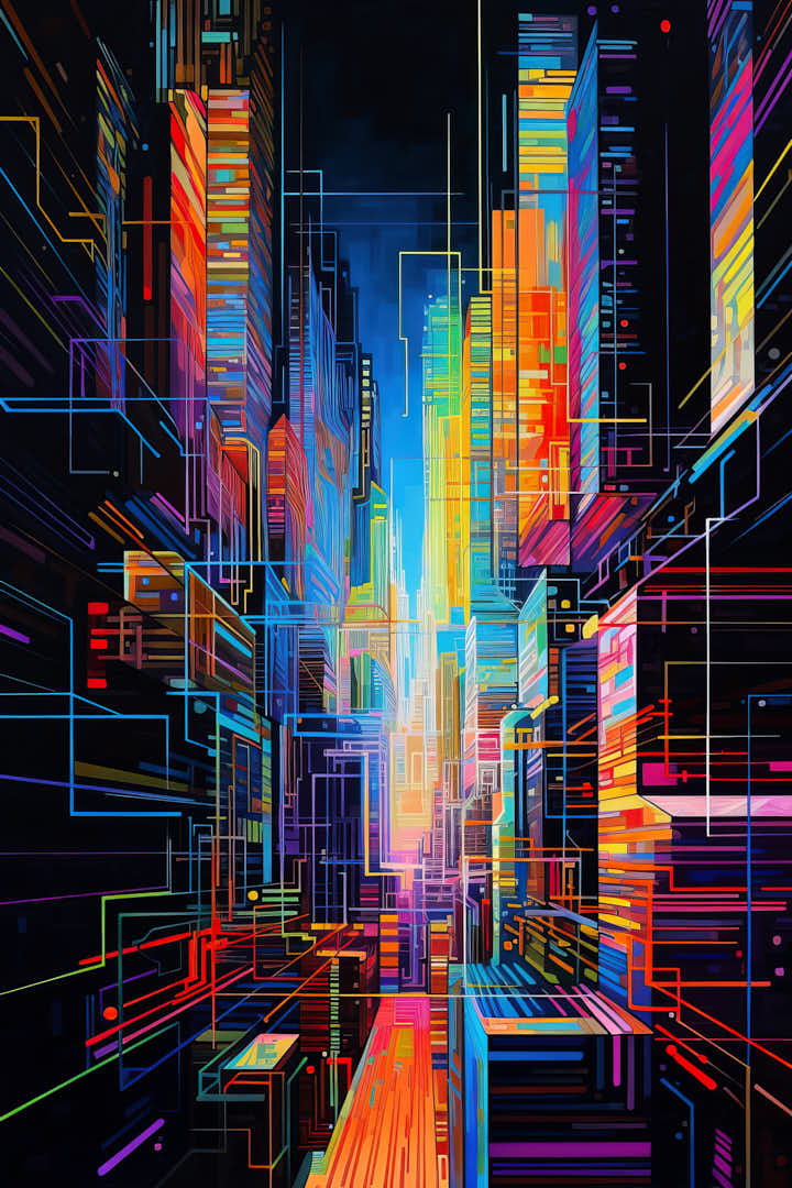 Invisible urban architecture in a fantastic urban landscape, colorful lines of red, green, blue, yellow, orange, purple. Vertical background or abstract photo, generative AI