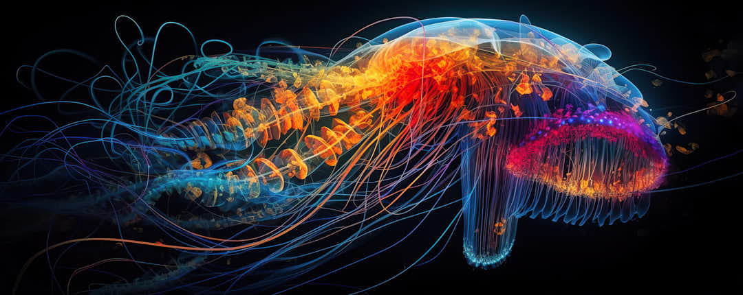 colorful dual backbone jellyfish with tentacle on black, complex amazing creature, copy space, web banner, background, eye catching, striking, generative ai