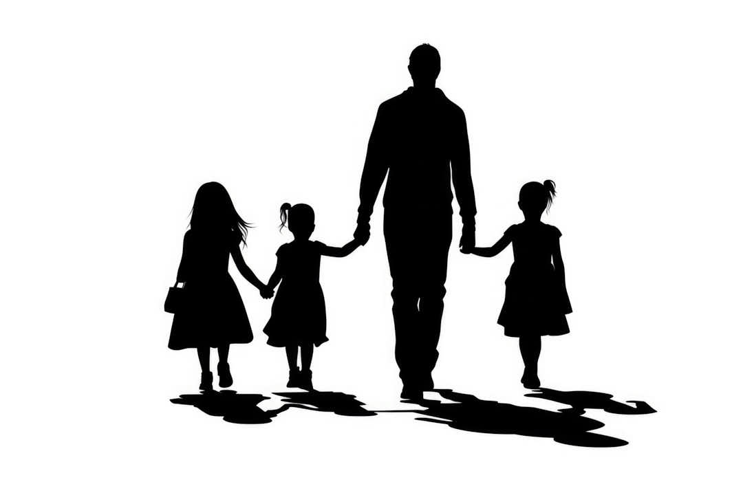 a silhuette of a father with 3 children walking hand in hand with shadows, silhouette in black filled with white background