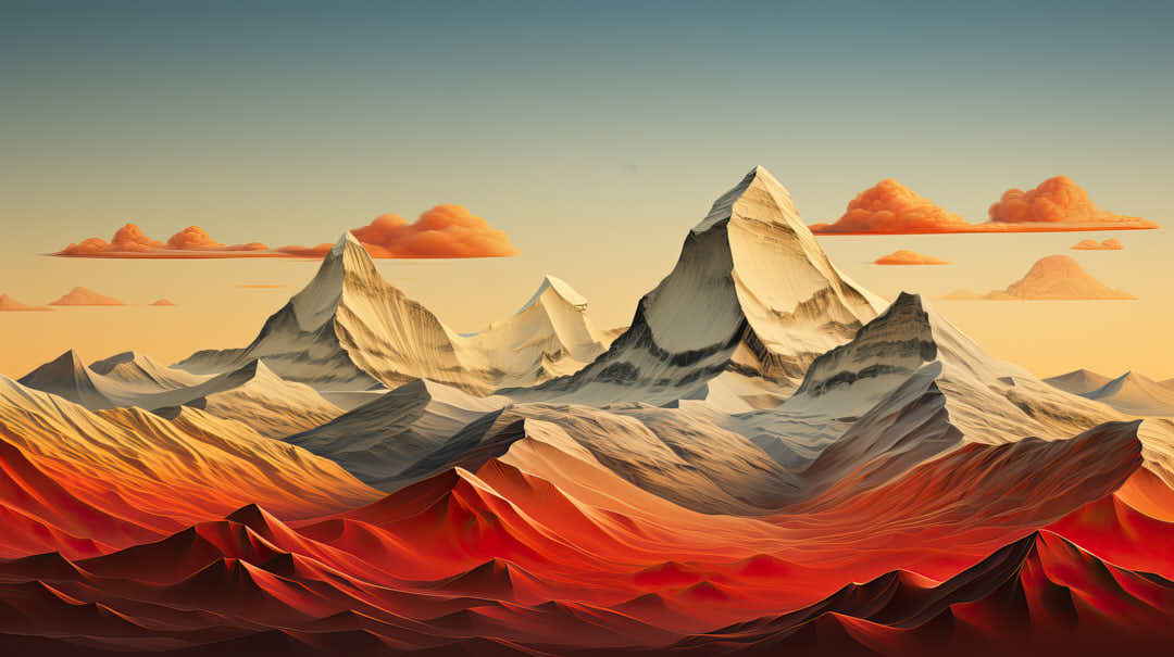 Minimal alps or mountain illustration from cold to warm, blue to red colors, copy space, expandable to the top or as a banner, generative ai