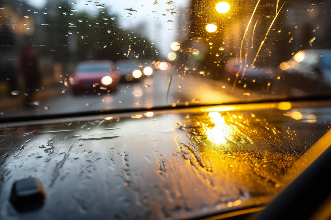 dangerous scene in traffic because the wipers don't work properly, bekeh shows pedestrians, mirrors, reflections, lanterns and cars with blinding lights, generative AI