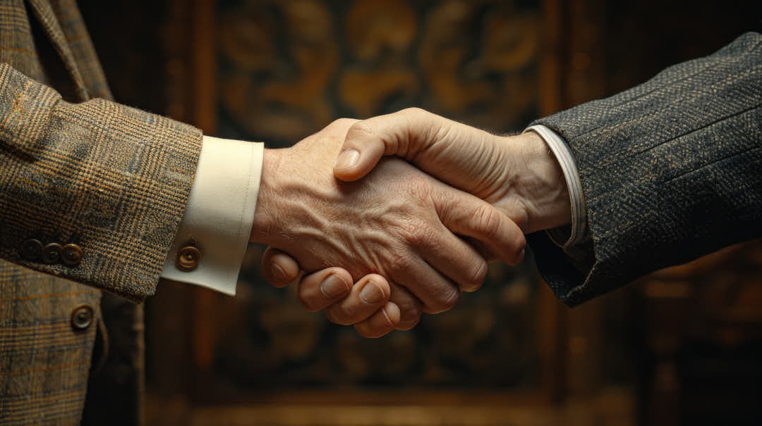 historical handshake, boho colors, suits, hands, panorama, business, serious, honest, gesture, generative ai
