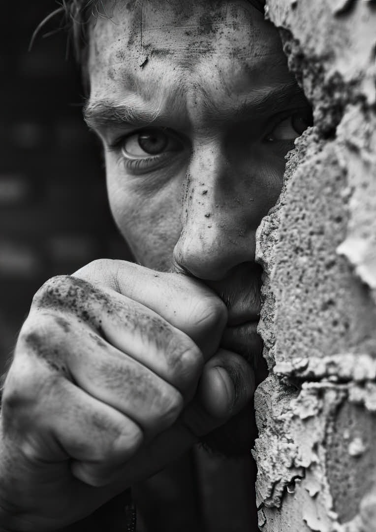 Fearful man hiding behind a wall ready to attack, ready to fight, ready to defend, black and white emotional expression, generative AI