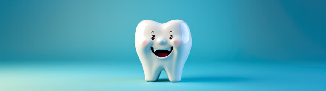 Laughing white tooth, molar, banner, background, cropable with clinical background, blue, kid style, 3d, light turquoise, middle, generative ai