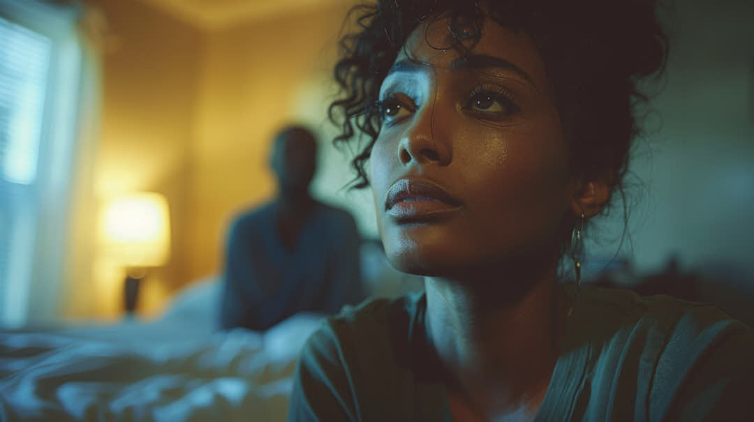 Marital problems, domestic violence, broken love, black disillusioned woman in bed with husband in background, generative AI