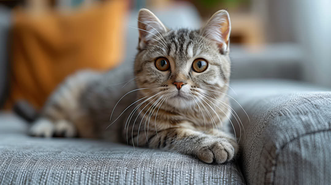 A young cat lies attentively on a gray sofa, pets in the living room, generative ai