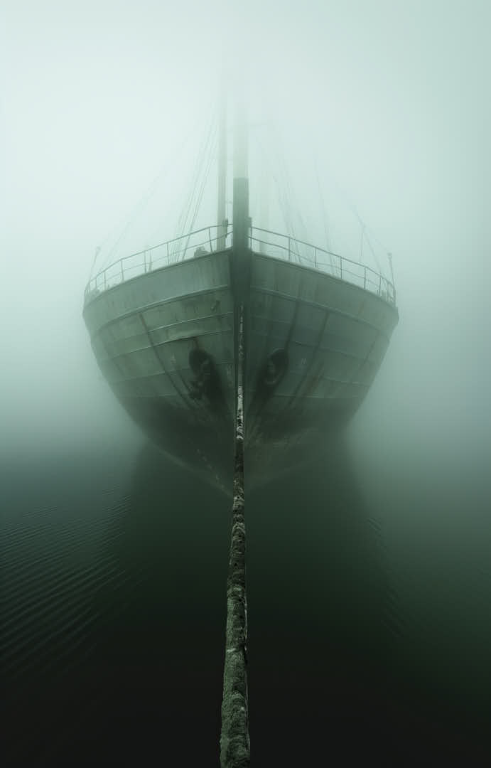 Mystical ship lies attached to the rope on a quiet lake at the harbor, turquoise green, fog, space for text, matt colors, minimalistic, generative AI