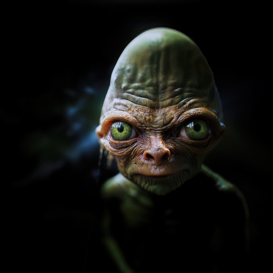 little green man, alien found, alien lands in the night and is discovered for the first time, high resolution AI stacking, green eyes, generative AI