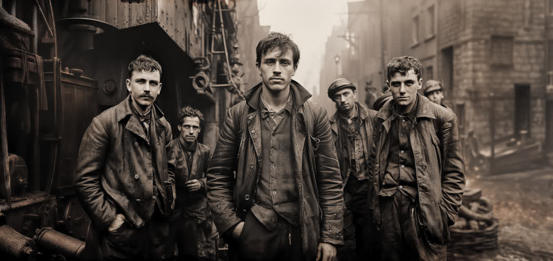 Industrial Revolution, workers in front of steam train, industrial plant, turn of the century, black and white, wet plate, photography 1910, generative ai