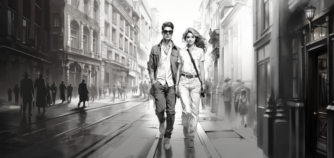 Trendsetter couple, contrast between old and new, black and white, shopping in an old pedestrian street, banner, generative ai