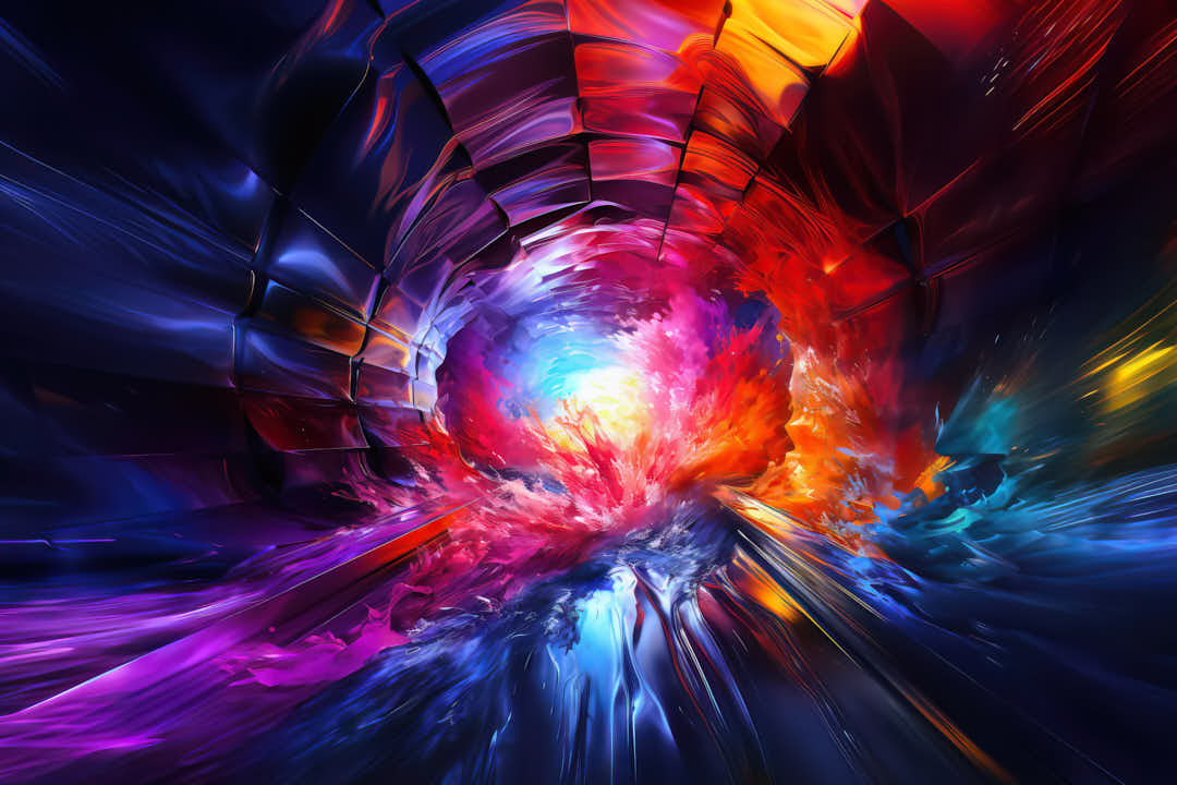 Flood of colors, colorful tunnel as background or banner, blue, red, orange, violet, space for text, generative AI