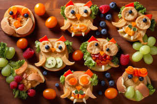 Owl style food art lunch for kids with colorful fresh incridience, generative AI