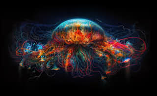 colorful jellyfish on black, complex amazing creature, copy space, web banner, background, eye catching, striking, generative ai