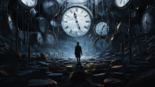 Time flies, a man from behind is standing in a large clock room, time stands still in a dark cave. Fantasy illustration, generative ai
