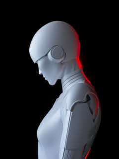 A humanoid white robot with a helmet and a smooth surface with a red sillhouette on a black background, expandable with space for text, copy space, generative AI