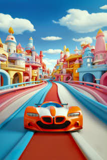 Racing car track through a pasell city, Red car, marshmellow colors, kid toys, generative AI