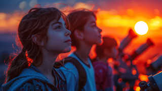kids, students waiting for the night on the sunset, visiting an observatory, curious gaze at the sky, sunset, telescopes, generative ai